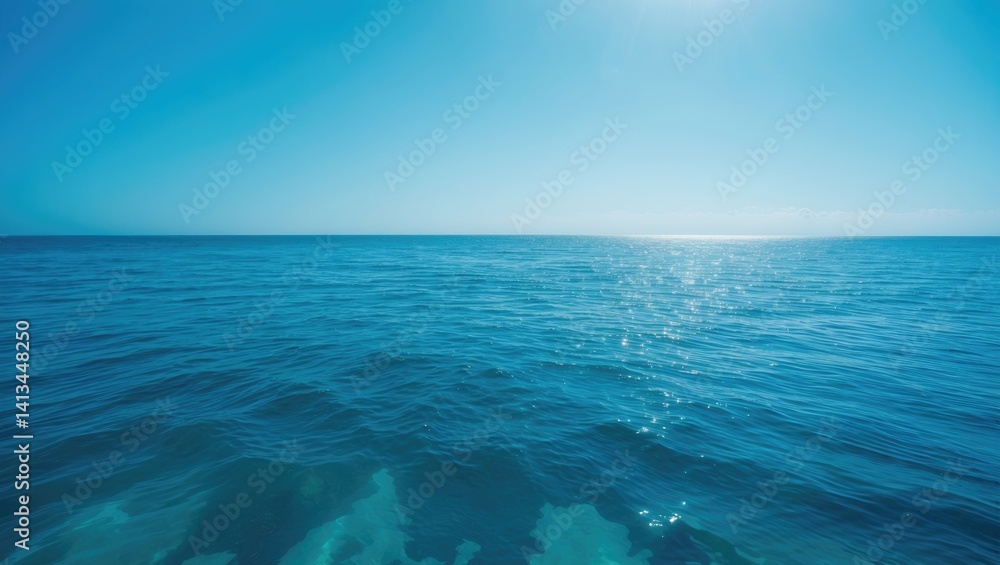Vertical front view of a landscape with a calm blue sea and sky in the morning during summer