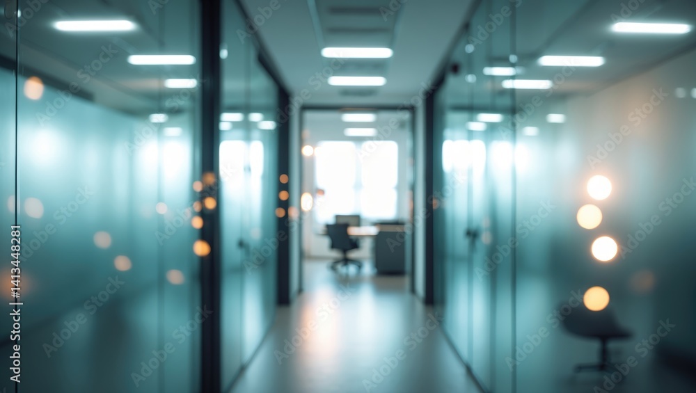 Abstract luxury image of an entrance pathway featuring glass walls and door with blurred texture background, light bokeh, and flare light bulb. Contemporary interior. Abstract luxury image of an entrance pathway featuring glass walls and door with blurred texture background, light bokeh, and flare light bulb. Contemporary interior.