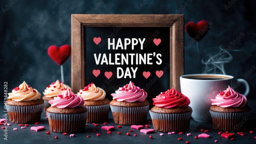 Sweet cupcakes and a coffee cup on a Valentine's Day greeting card.