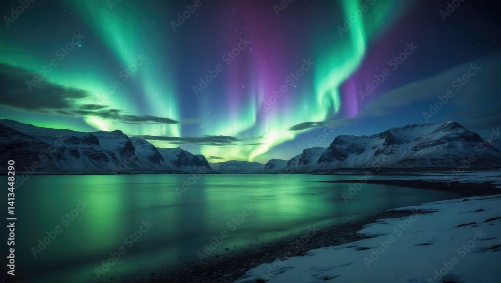Northern Lights shining over a winter beach night.