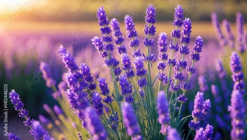 Obraz na płótnie Lavender floral background showcasing lovely purple shades and bokeh effects. Field of blooming lavender during sunset. Close-up shot. w salonie