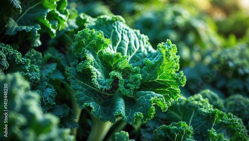 Obraz na płótnie Detailed view of a green curly kale plant in a vegetable garden, Kale leaves, good for health enthusiasts. Rich in antioxidants w salonie
