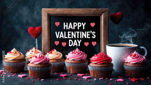 Obraz na płótnie Sweet cupcakes and a coffee cup on a Valentine's Day greeting card. w salonie