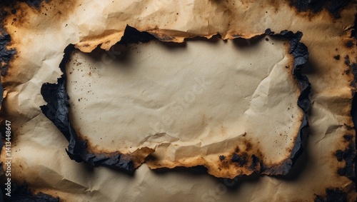 Obraz na płótnie Aged, wrinkled, and stained paper with charred and burnt edges. Empty space available for text or images. w salonie