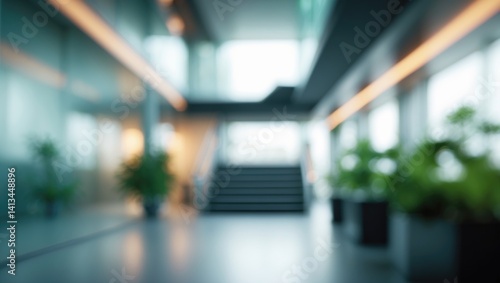 Wallpaper Mural Interior view of an office building lobby with a blurred background towards the reception area, featuring a modern luxury staircase and a corridor with a glass wall window. Torontodigital.ca