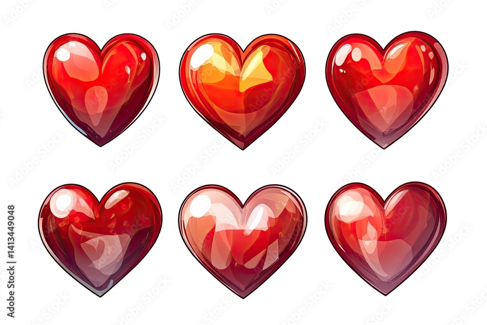 Six glossy red hearts, varying in shade and shine Six glossy red hearts, varying in shade and shine