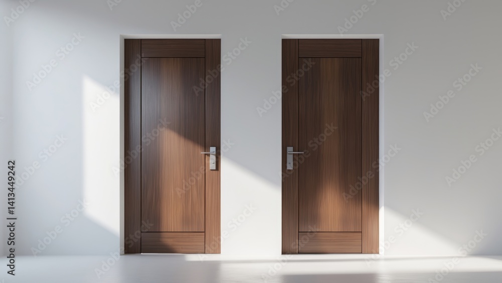 Isolated on white, two wooden doors in brown walnut style for modern house entryway Isolated on white, two wooden doors in brown walnut style for modern house entryway