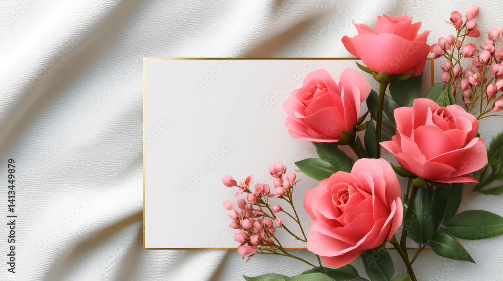 A white card with a pink rose on it. There are four pink roses on the card. На фоне белой ткани