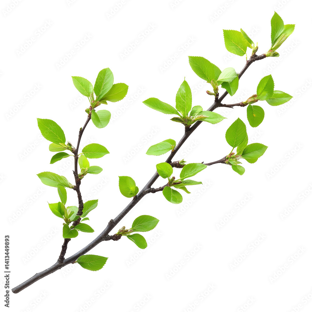 Fresh green spring twig with vibrant leaves isolated on a transparent background for botanical illustrations, spring twig with green leaves isolated on transparent background Fresh green spring twig with vibrant leaves isolated on a transparent background for botanical illustrations, spring twig with green leaves isolated on transparent background