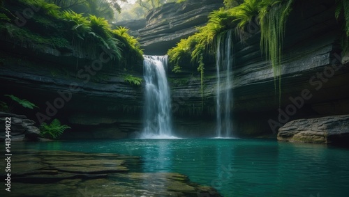Fototapeta Naklejka Na Ścianę i Meble -  Picturesque sight of the lagoon at the hiking trail's conclusion, featuring a waterfall flowing over the lush cliffs