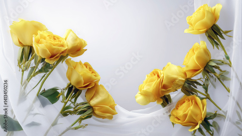 Obraz na płótnie A bunch of yellow roses are on a white background. There are at least nine roses in the bunch. Against background of white transparent mesh fabric.. w salonie