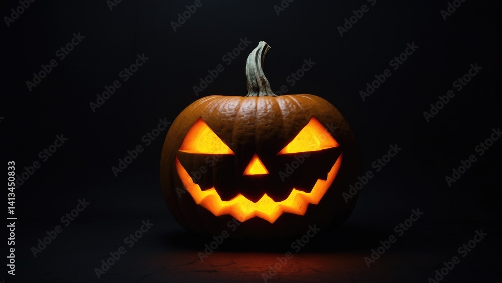 Frightening pumpkin featuring a sinister grin and glowing eyes on a black background. Frightening pumpkin featuring a sinister grin and glowing eyes on a black background.