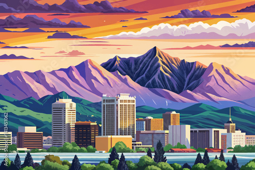 Wasatch Range Utah with Salt Lake City at sunset time, Simple cartoon design Flat style vector illustration