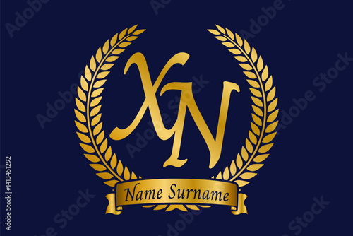 Initial letter X and N, XN monogram logo design with laurel wreath. Luxury golden calligraphy font.