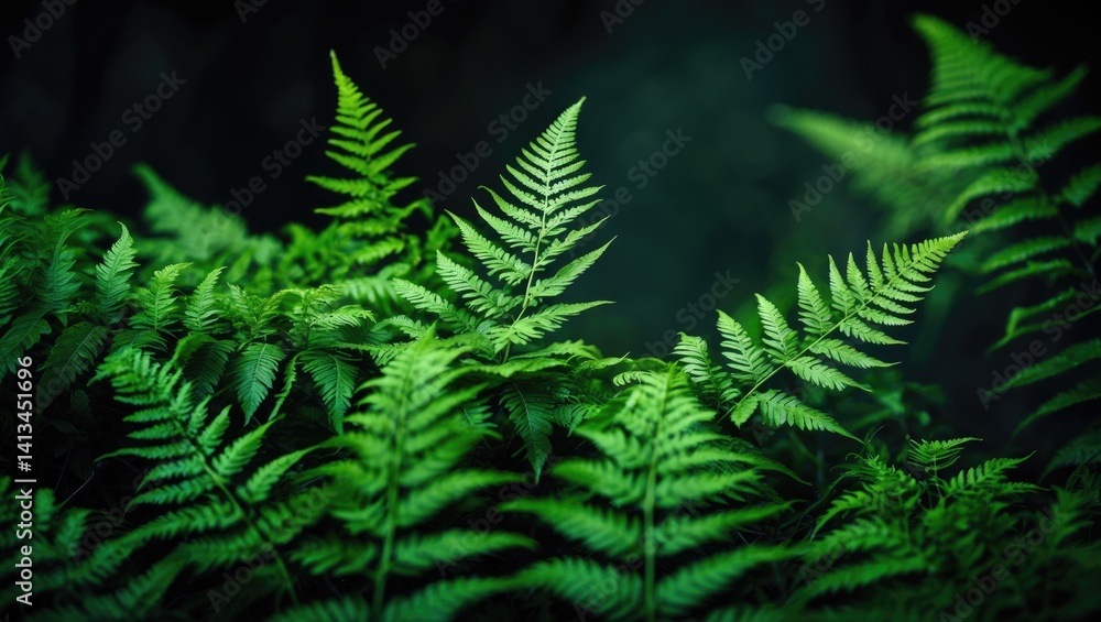 Obraz premium Dark background featuring a close-up of natural green fern leaves texture in the forest.