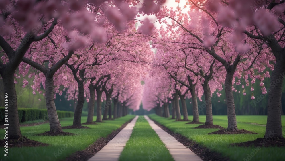 Obraz premium Decorative garden featuring blooming cherry trees on a lush lawn