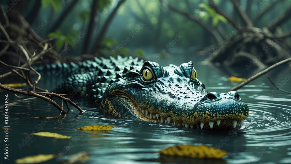 Fototapeta premium The head of a saltwater crocodile, a notorious man-eater, is seen submerged.