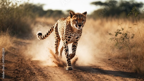 An adult female cheetah racing at high speed in pursuit of prey on a bright day