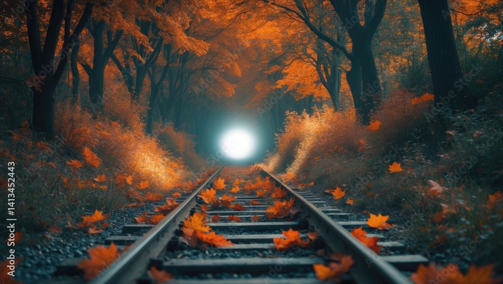 Naklejka premium Autumn Trees Tunnel with Old Railway - Love Tunnel