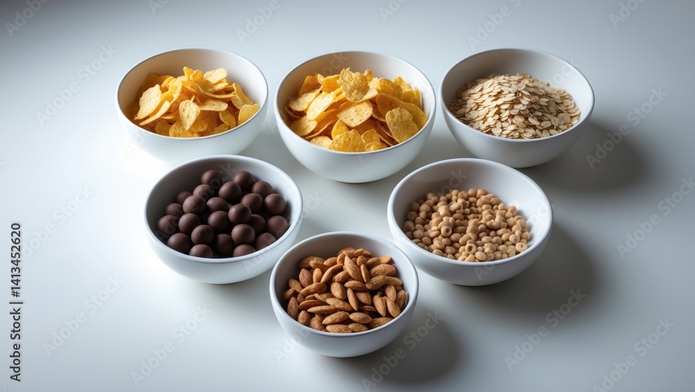 Collection of cereals in bowls set against a backdrop Collection of cereals in bowls set against a backdrop