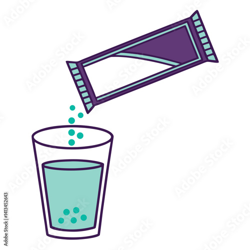 Powder Pouring from Sachet into Glass of Water for Drink Mix.