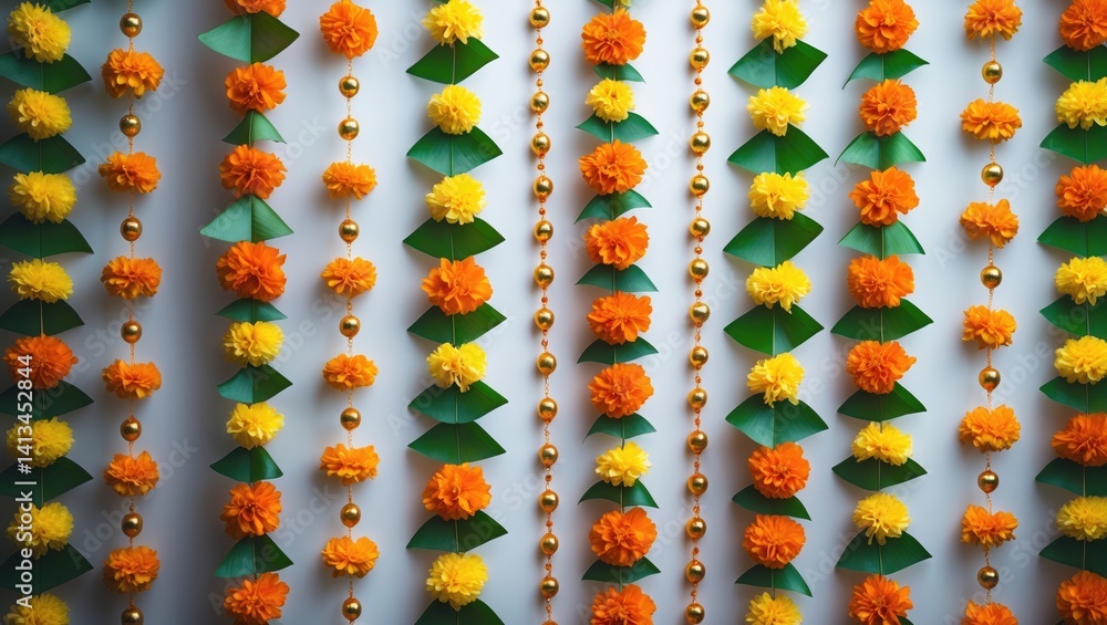 Decoration of Mango Leaf Garland with Orange and Yellow Marigold Flowers