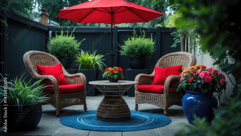 Fototapeta premium Landscaped patio oasis with inviting wicker chairs for relaxation on sunny days