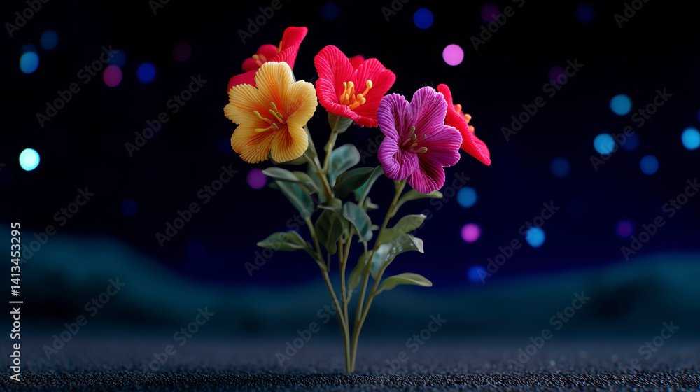 A small flower with a stem is on a black surface