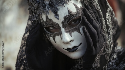 Female in intricate black lace mask with mysterious expression