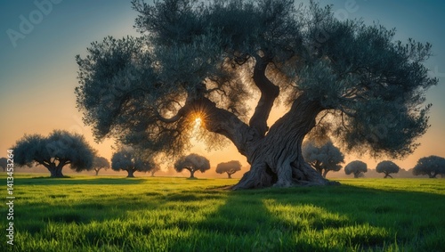 Olive tree featuring a sunburst backdrop, cultivated for olive oil