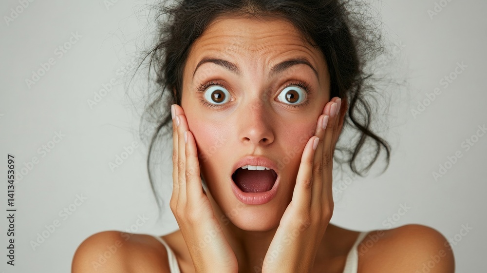 Surprised young caucasian female with hands on face expression Surprised young caucasian female with hands on face expression