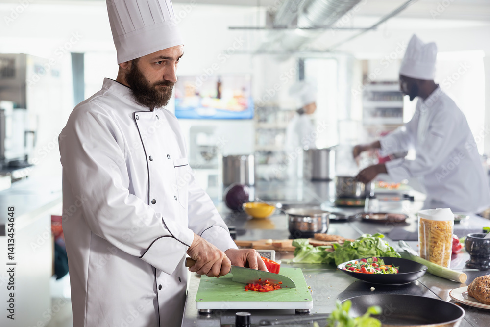 Culinary expert chef in uniform prepares freshly cut vegetables for a dish on the stove, chopping bell peppers on a cutting board. Cook working in a modern kitchen with fresh produce. Culinary expert chef in uniform prepares freshly cut vegetables for a dish on the stove, chopping bell peppers on a cutting board. Cook working in a modern kitchen with fresh produce.