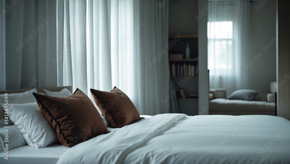 Fototapeta premium Contemporary bedroom featuring a bed beside a window and decor