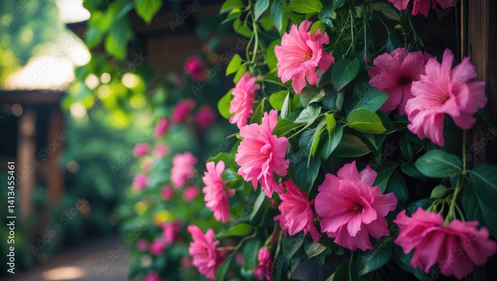 Detailed view of vibrant hanging flowers against a backdrop of green foliage and rustic buildings. Detailed view of vibrant hanging flowers against a backdrop of green foliage and rustic buildings.