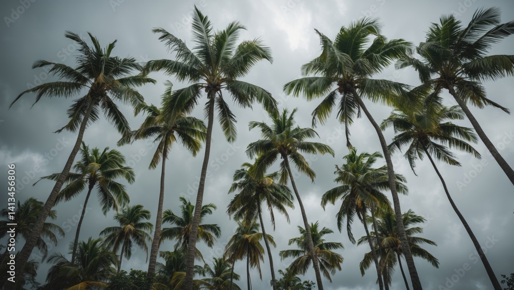 Coconut palm trees show signs of severe storms due to strong winds. Coconut palm trees show signs of severe storms due to strong winds.