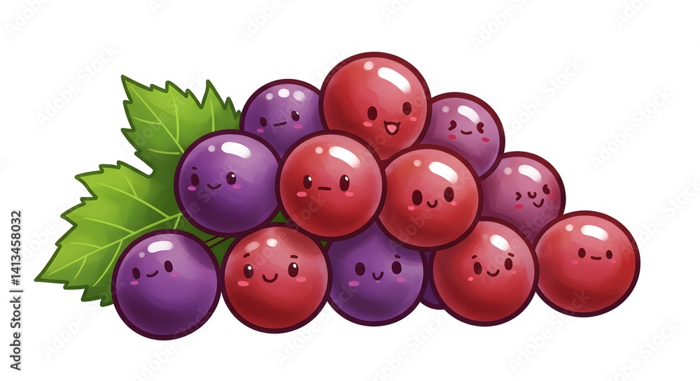 Cute Anthropomorphic Grapes with Faces and Leaves Illustration Cute Anthropomorphic Grapes with Faces and Leaves Illustration
