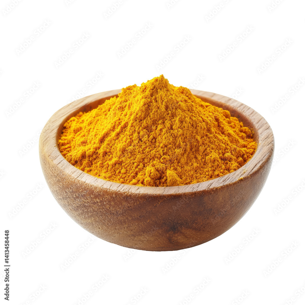 A vibrant pile of turmeric curcuma powder in a rustic wooden bowl isolated on a transparent background, Turmeric Curcuma powder pile in wood bowl isolated on transparent background A vibrant pile of turmeric curcuma powder in a rustic wooden bowl isolated on a transparent background, Turmeric Curcuma powder pile in wood bowl isolated on transparent background