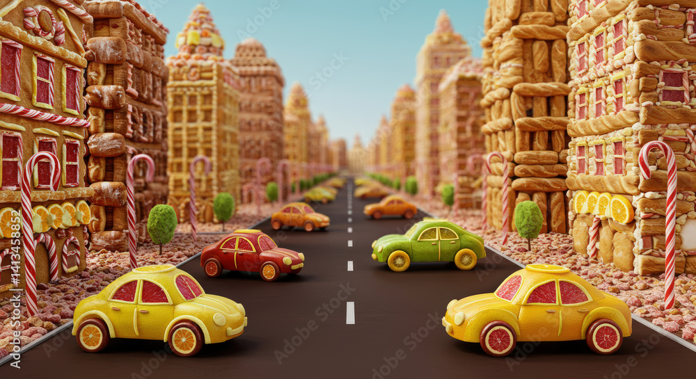 Fototapeta premium Miniature food town with candy buildings and colorful cars