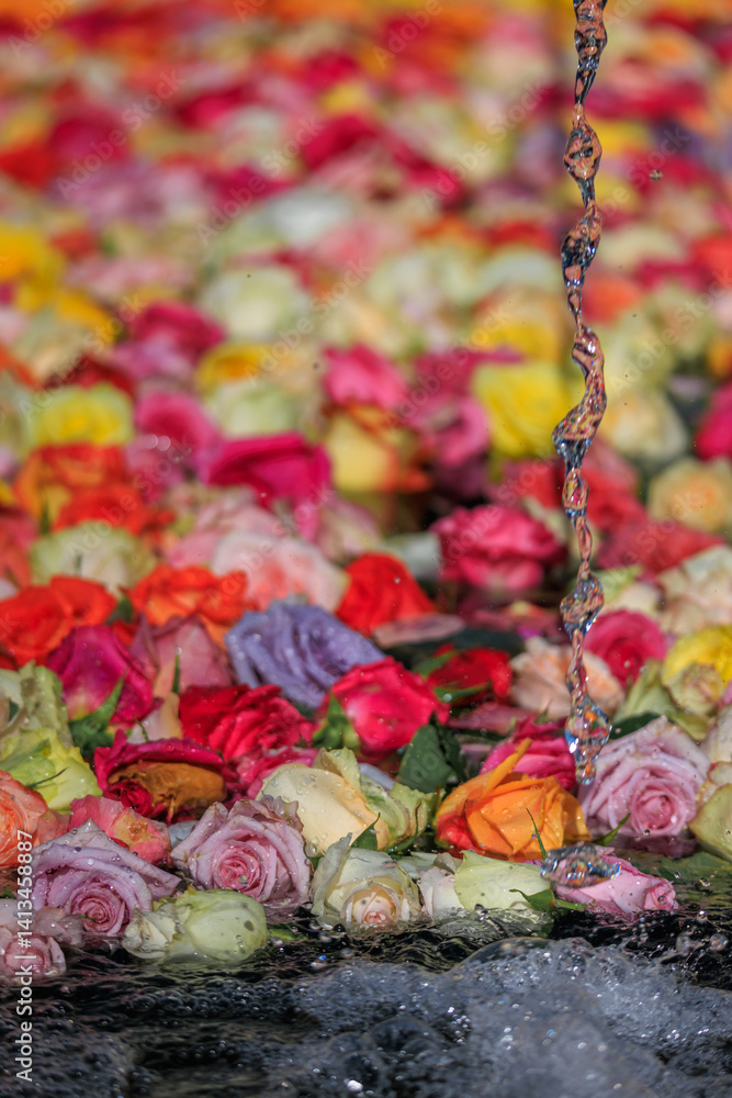 Roses in a fountain of the Old Town, Easter tradition in Zurich, Switzerland