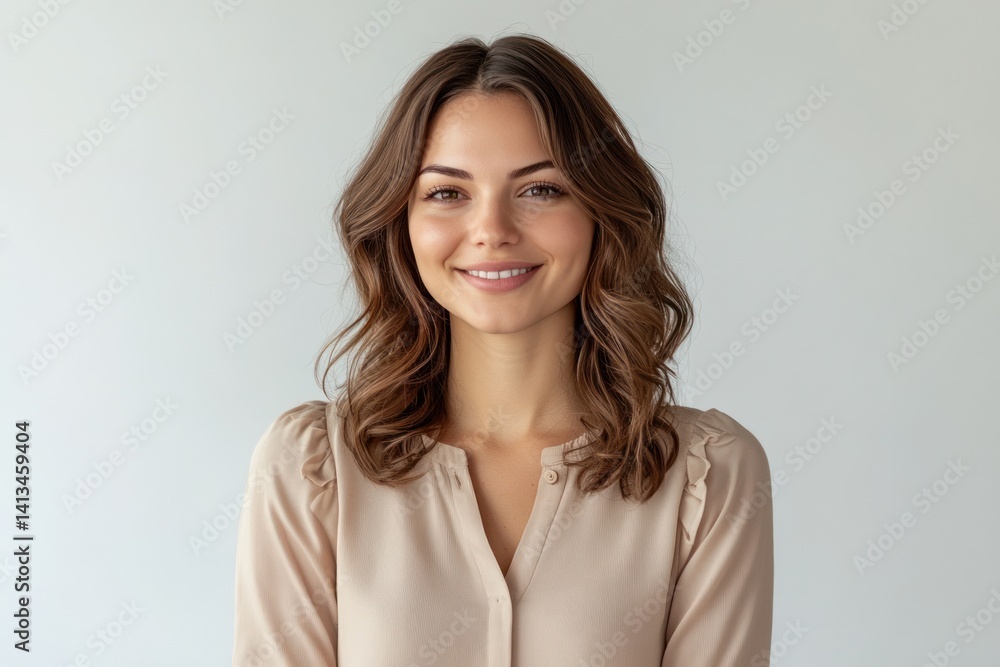 Smiling woman with brown hair wearing a beige blouse against a white background. Smiling woman with brown hair wearing a beige blouse against a white background.