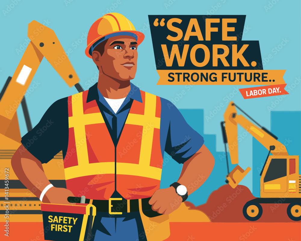Fototapeta premium 2d vector colorful poster for labor day , work industry equipment , worker , safety .