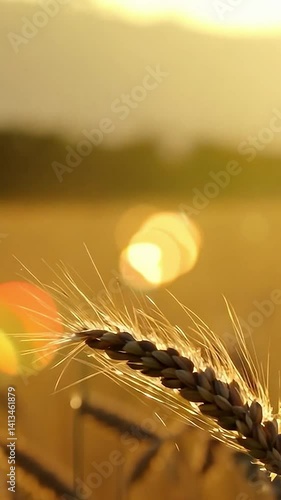 Close-up of wheat ear in golden field at sunset with blurred background. Macro shot with natural sunlight. Agriculture, harvest and rural landscape concept. Design for postcard, banner, poster