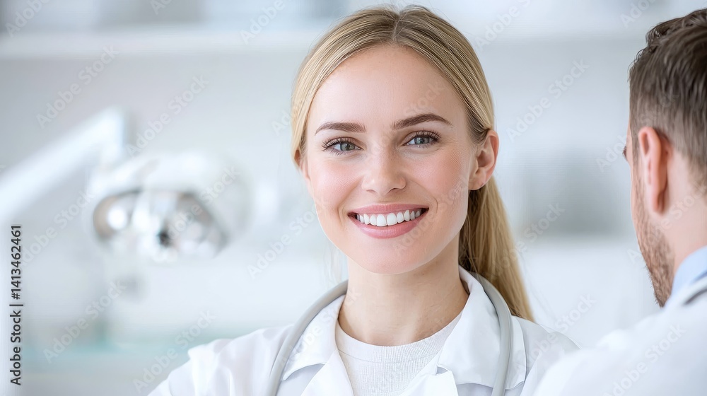 Fototapeta premium Smiling female doctor interacting with colleague medical healthcare professional portrait