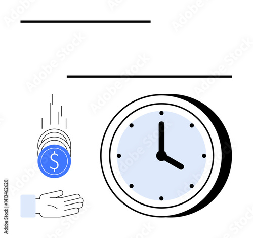 Coins with a dollar sign falling into an open hand beside a minimalistic clock. Ideal for finance, time management, investment, productivity, savings, business, simple landing page
