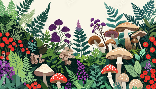 Forest herbs, berries and mushrooms. Bright vector summer illustration