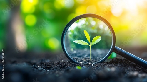 A magnifying glass is used to examine a seedling and dirt, emphasizing salt concentration, soil health, fertilizer application, and the concept of sustainable agriculture