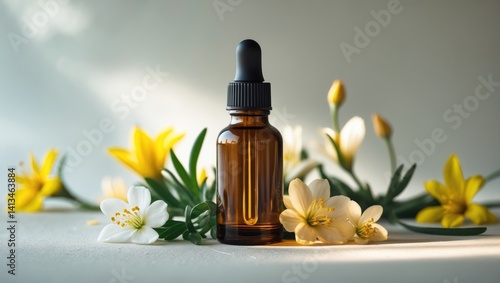 Wallpaper Mural Tiny bottle of homeopathic solution enveloped by flowers. Herbal remedies concept, alternative therapies. Torontodigital.ca