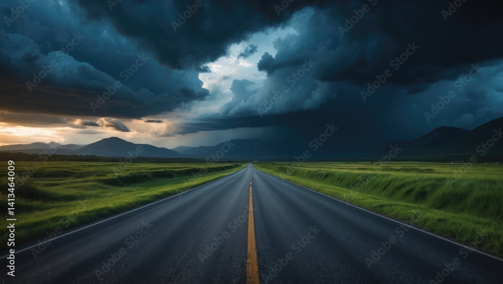 Fototapeta premium Asphalt highway stretching through mountainous landscape during sunset