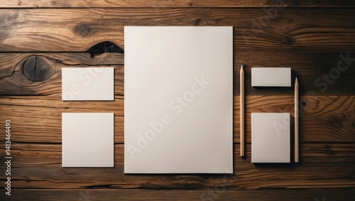 Stationery mock-up for branding identity on a wooden surface.