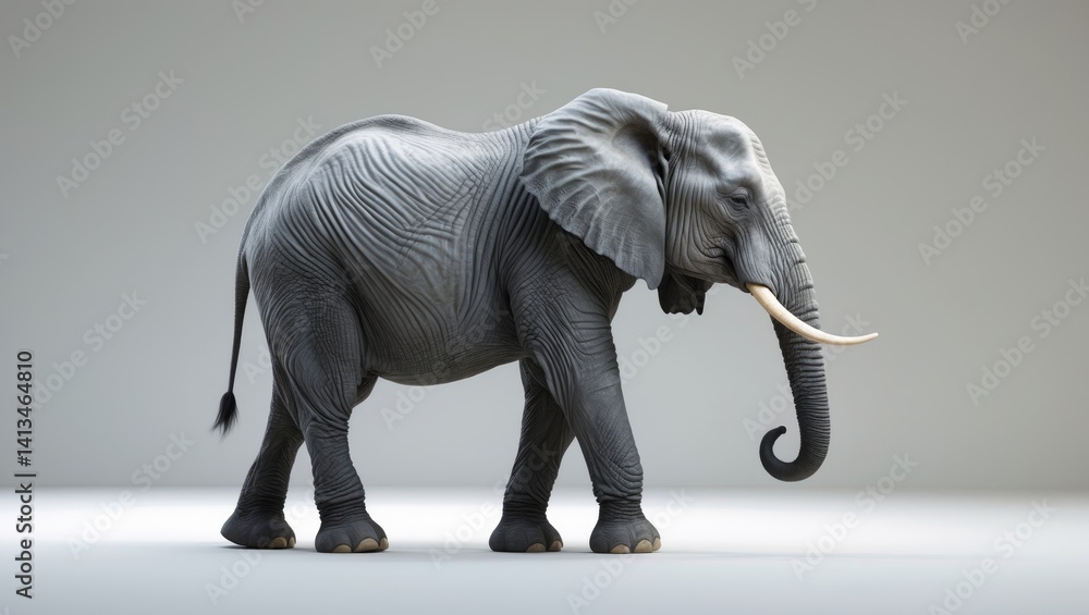 Obraz premium Elephant in side view walking on a plain white backdrop.